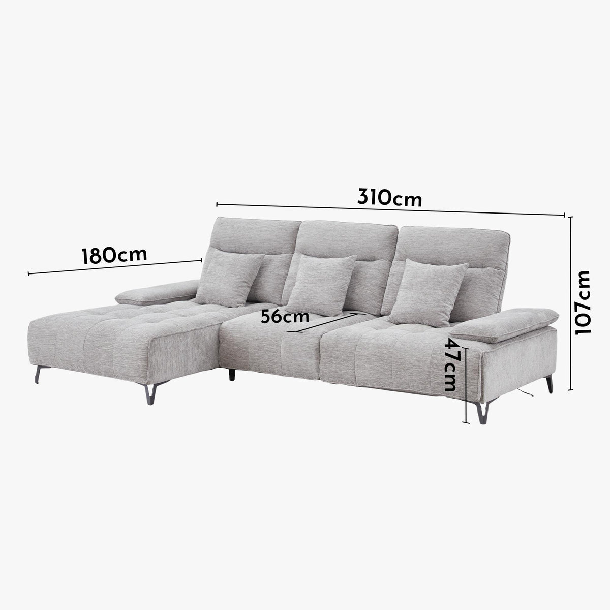 TIAM Canapé d'angle relax électrique en tissu matelassé gris - Angle gauche - Canapé relax - Mobilier Deco