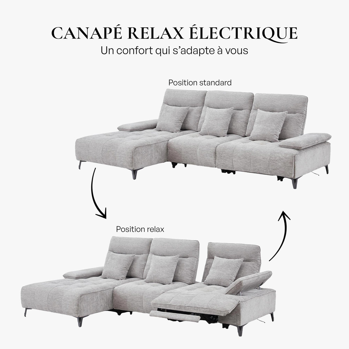 TIAM Canapé d'angle relax électrique en tissu matelassé gris - Angle gauche - Canapé relax - Mobilier Deco