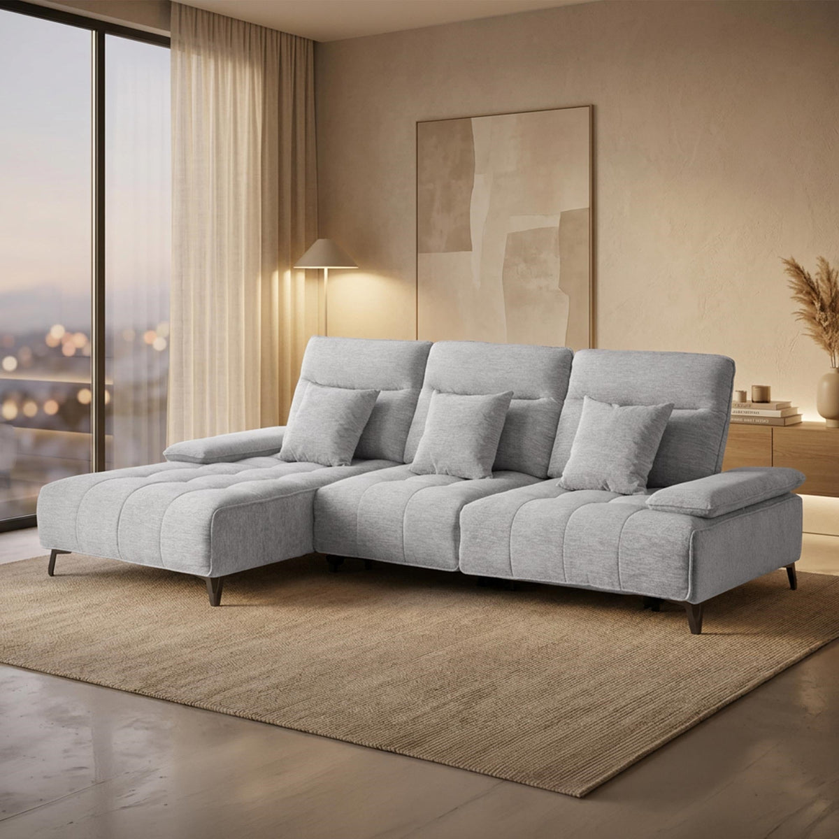 TIAM Canapé d'angle relax électrique en tissu matelassé gris - Angle gauche - Canapé relax - Mobilier Deco