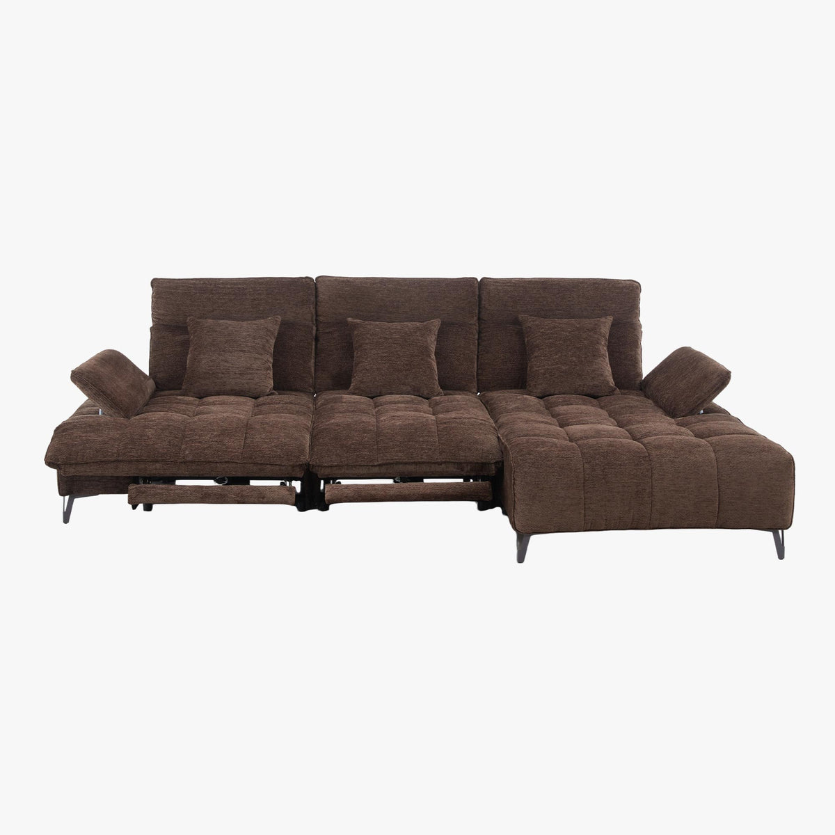 TIAM Canapé d'angle relax électrique en tissu matelassé marron - Angle droit - Canapé relax - Mobilier Deco