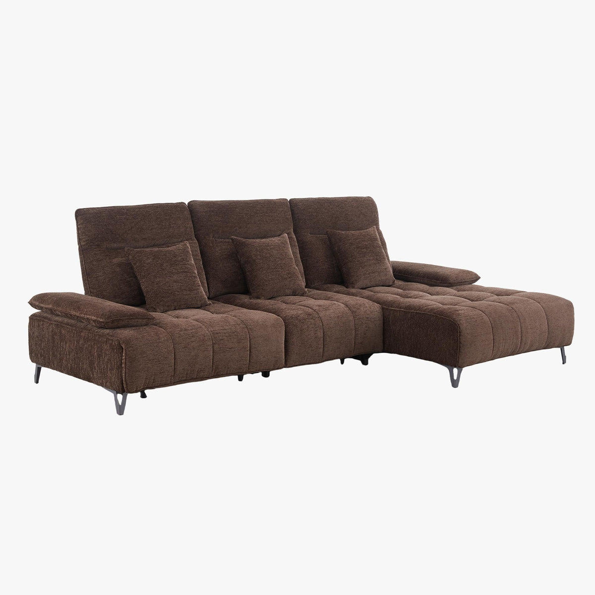 TIAM Canapé d'angle relax électrique en tissu matelassé marron - Angle droit - Canapé relax - Mobilier Deco