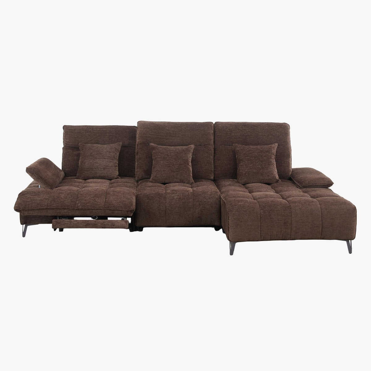TIAM Canapé d'angle relax électrique en tissu matelassé marron - Angle droit - Canapé relax - Mobilier Deco