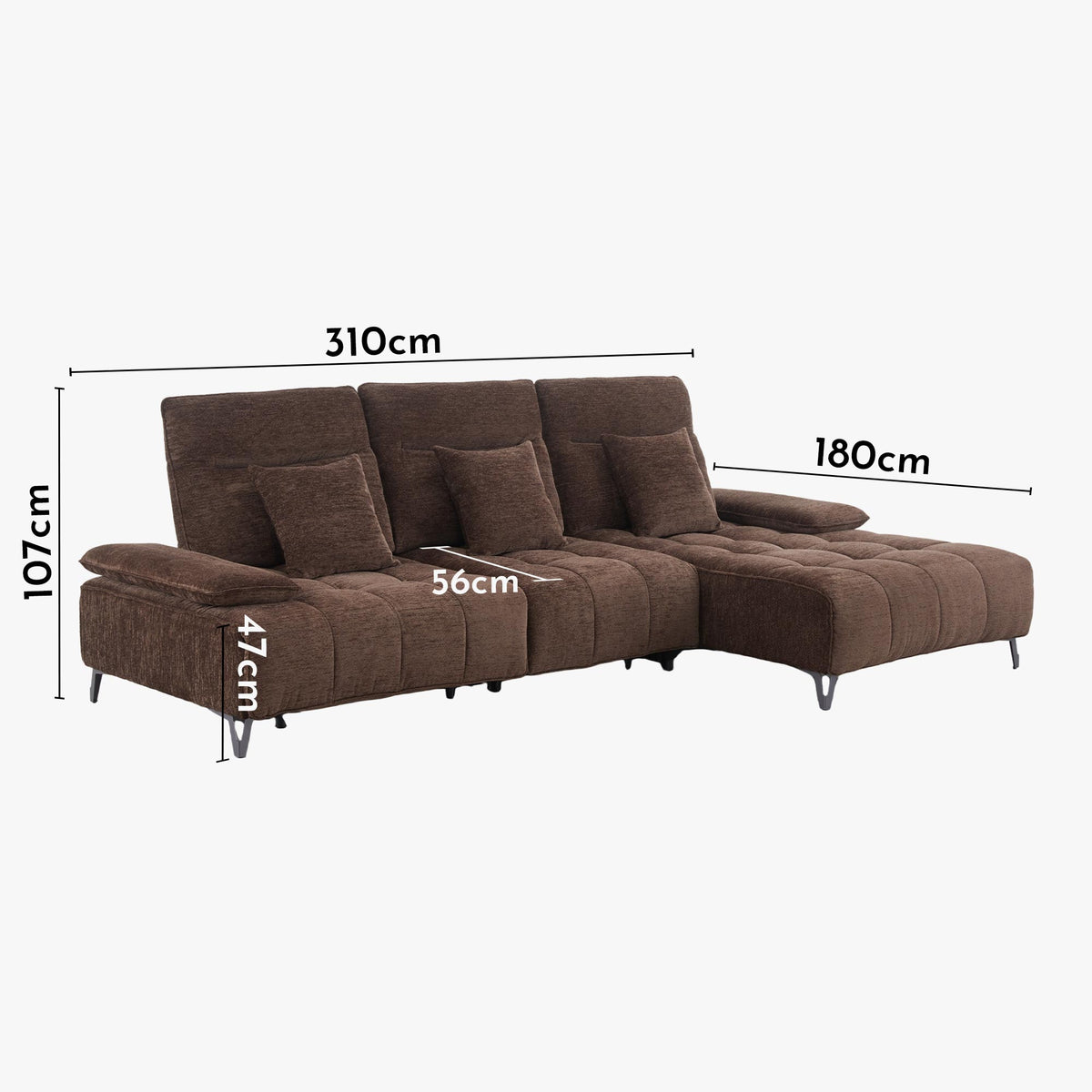 TIAM Canapé d'angle relax électrique en tissu matelassé marron - Angle droit - Canapé relax - Mobilier Deco