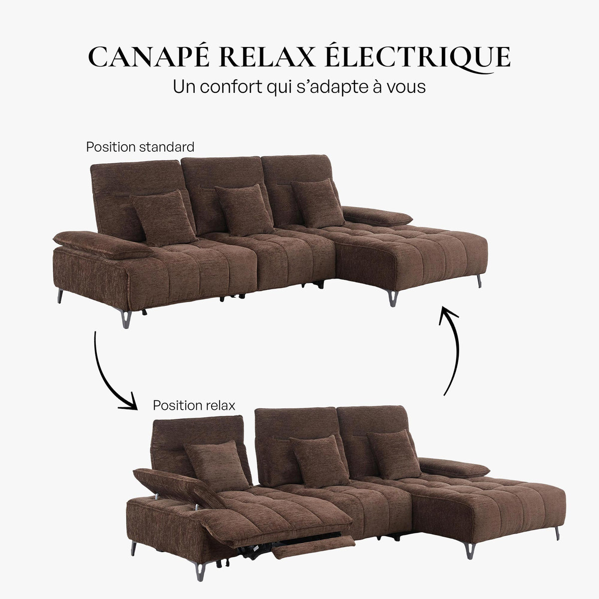 TIAM Canapé d'angle relax électrique en tissu matelassé marron - Angle droit - Canapé relax - Mobilier Deco