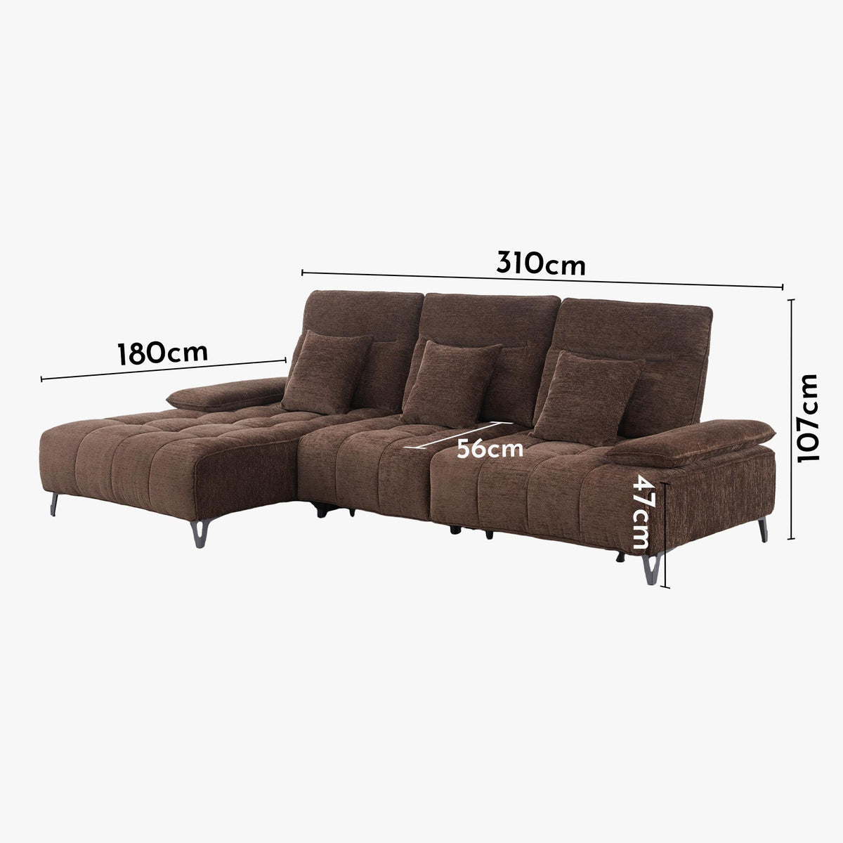 TIAM Canapé d'angle relax électrique en tissu matelassé marron - Angle gauche - Canapé relax - Mobilier Deco