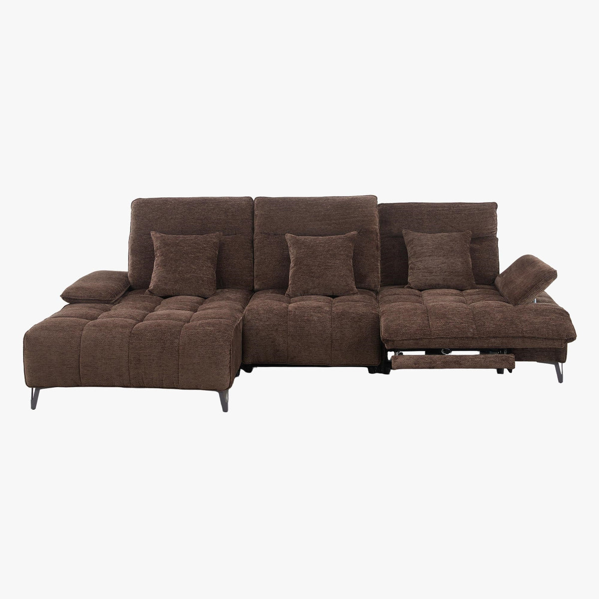 TIAM Canapé d'angle relax électrique en tissu matelassé marron - Angle gauche - Canapé relax - Mobilier Deco