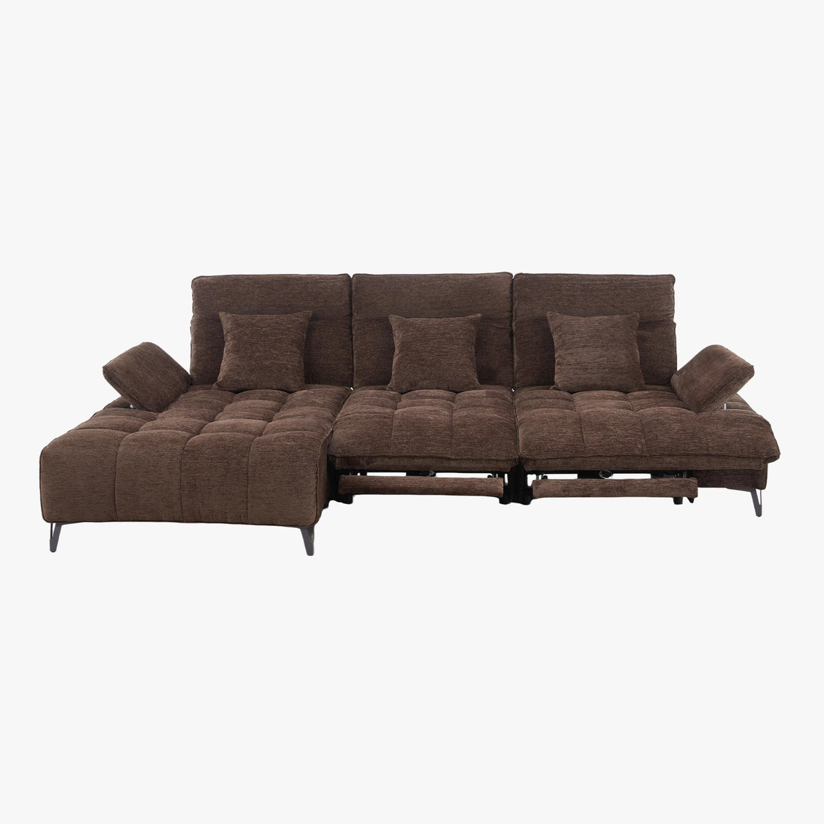 TIAM Canapé d'angle relax électrique en tissu matelassé marron - Angle gauche - Canapé relax - Mobilier Deco