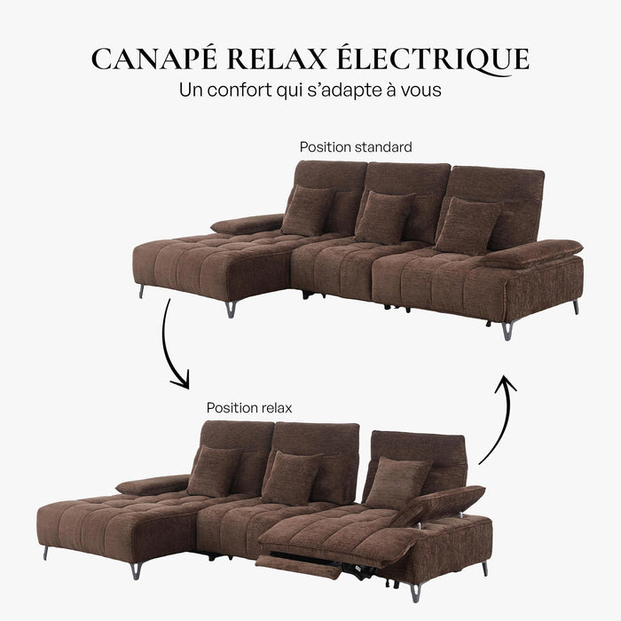TIAM Canapé d'angle relax électrique en tissu matelassé marron - Angle gauche