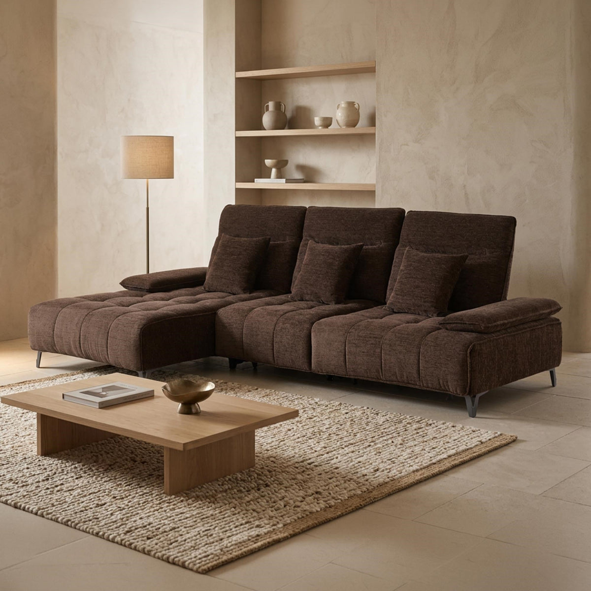 TIAM Canapé d'angle relax électrique en tissu matelassé marron - Angle gauche - Canapé relax - Mobilier Deco