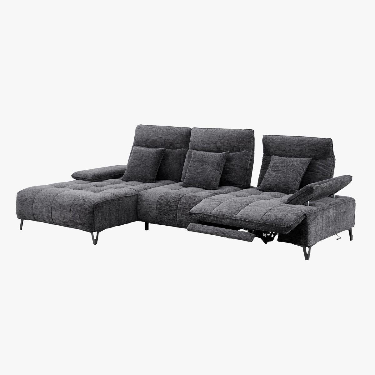 TIAM Canapé d'angle relax électrique en tissu matelassé noir - Angle gauche - Canapé relax - Mobilier Deco