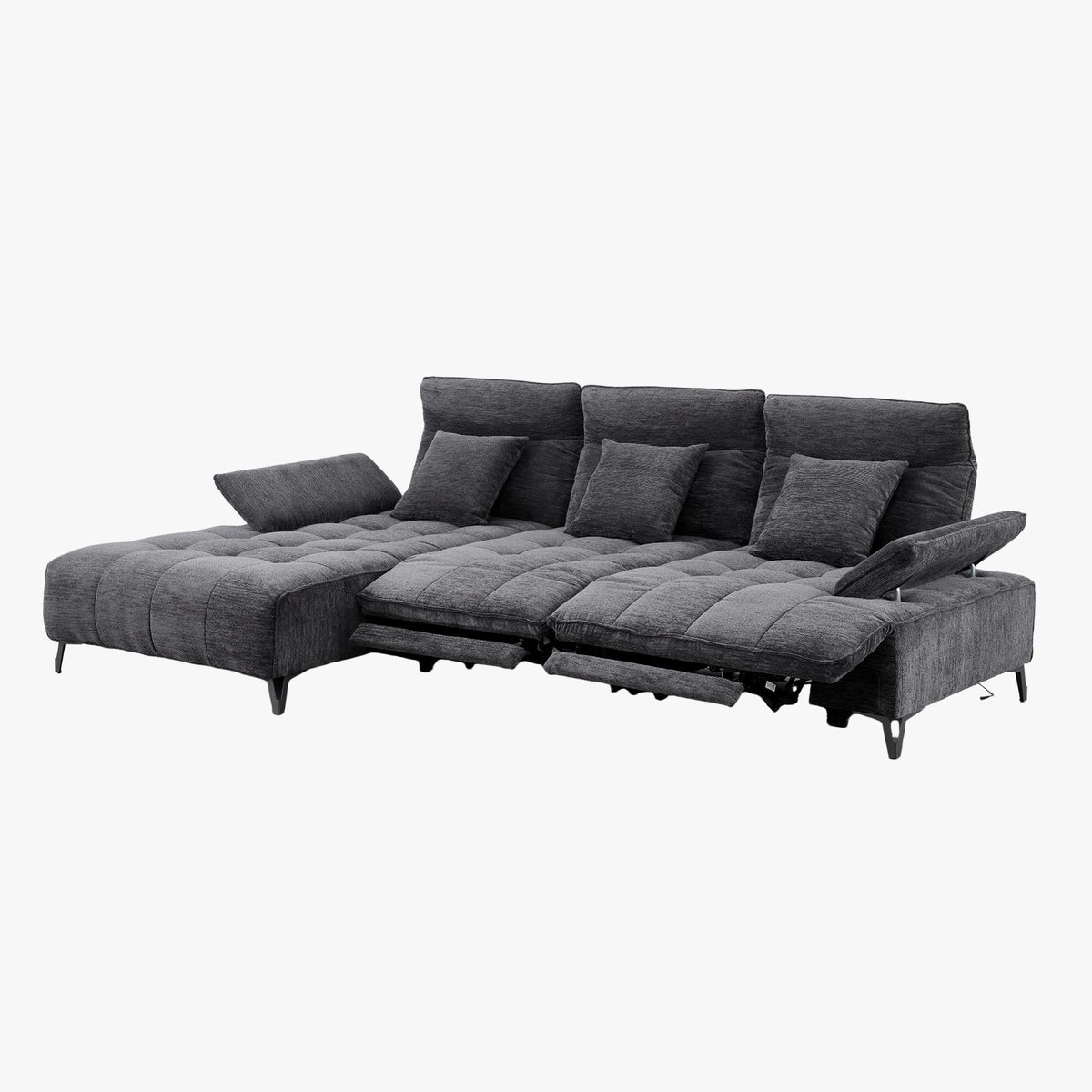 TIAM Canapé d'angle relax électrique en tissu matelassé noir - Angle gauche - Canapé relax - Mobilier Deco