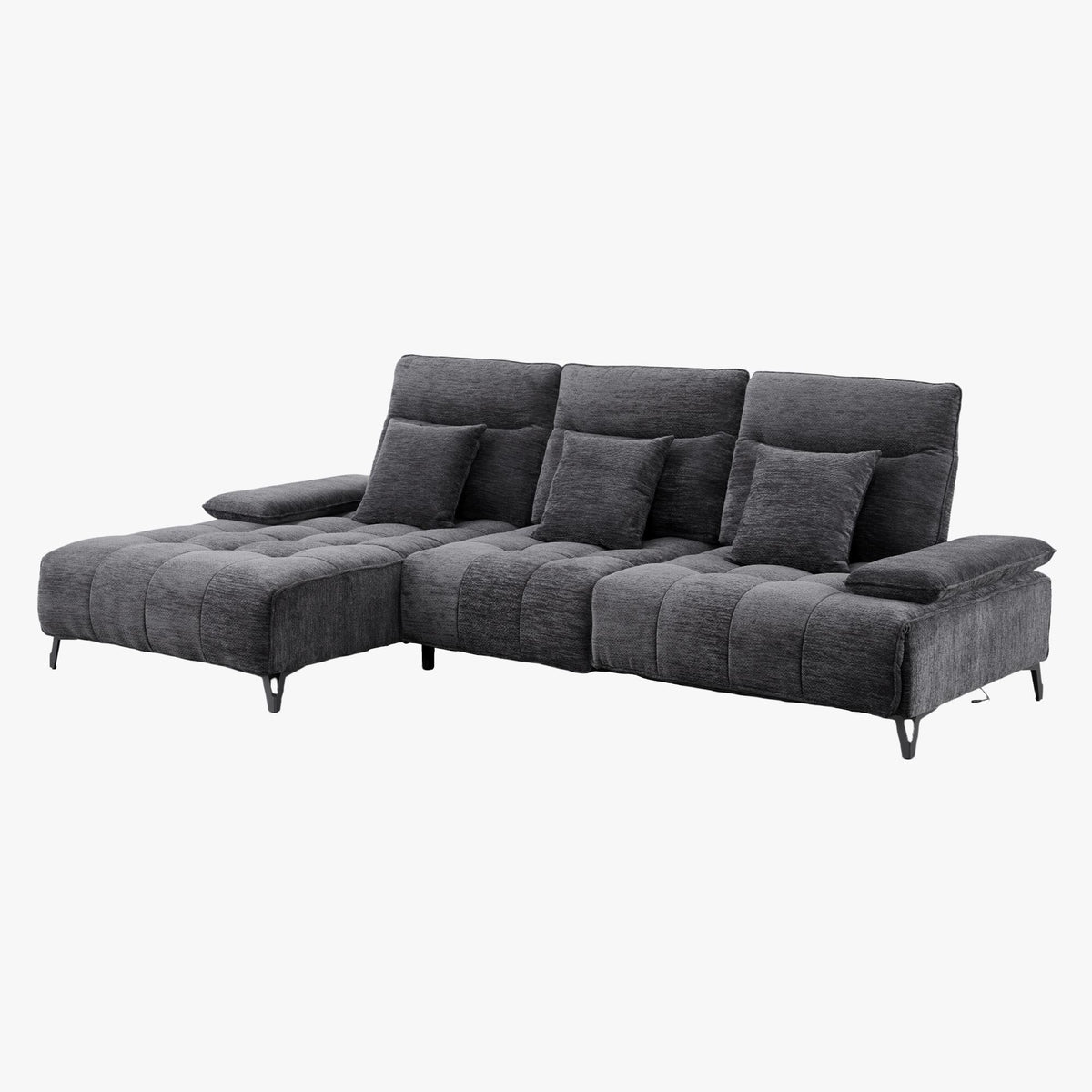 TIAM Canapé d'angle relax électrique en tissu matelassé noir - Angle gauche - Canapé relax - Mobilier Deco