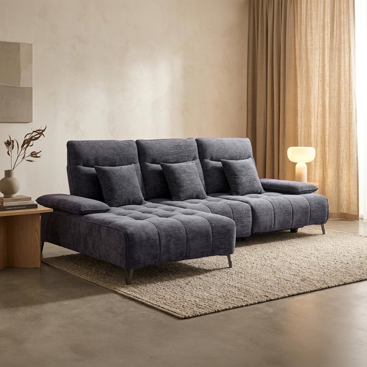 TIAM Canapé d'angle relax électrique en tissu matelassé noir - Angle gauche - Canapé relax - Mobilier Deco