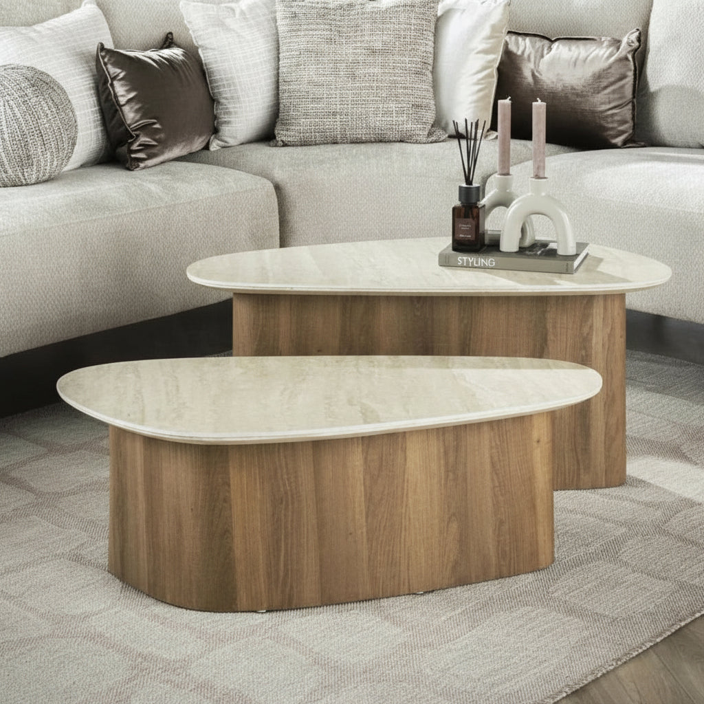 TIANA Lot de 2 tables basses en céramique beige pieds couleur chêne