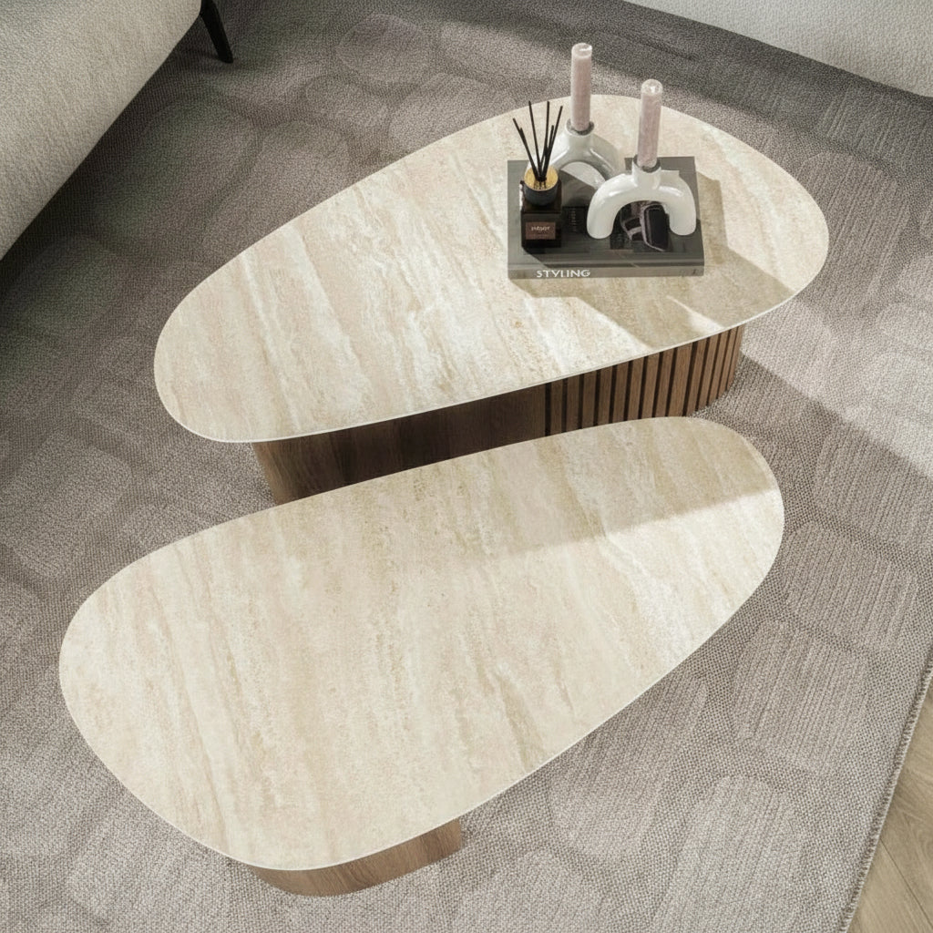 TIANA Lot de 2 tables basses en céramique beige pieds couleur chêne