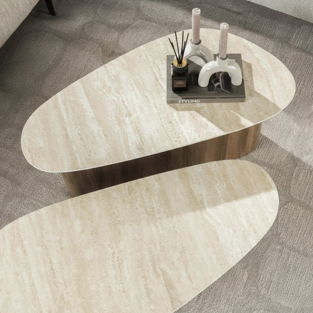 TIANA Lot de 2 tables basses en céramique beige pieds couleur chêne