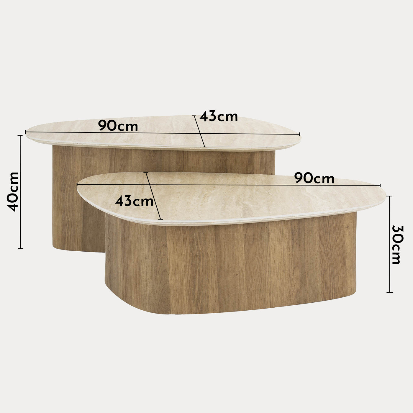 TIANA Lot de 2 tables basses en céramique beige pieds couleur chêne