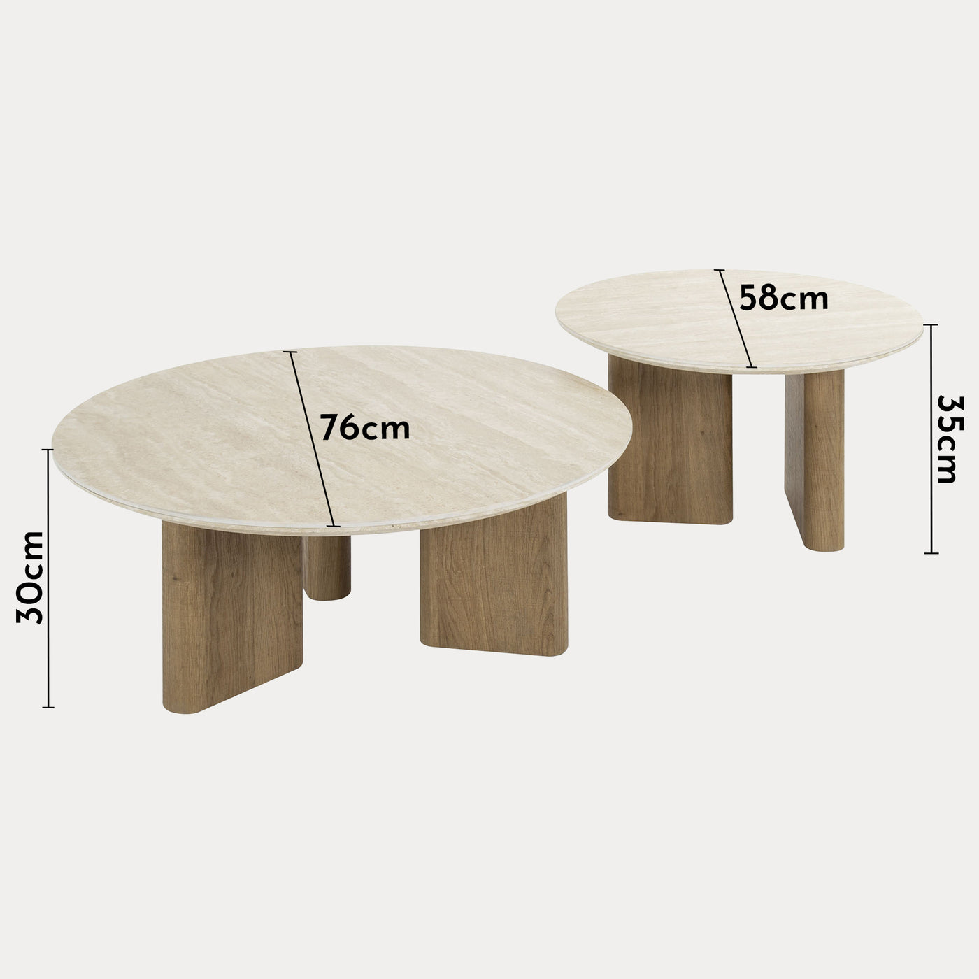 TIANA ROND Lot de 2 tables basses rondes en céramique beige pieds couleur chêne