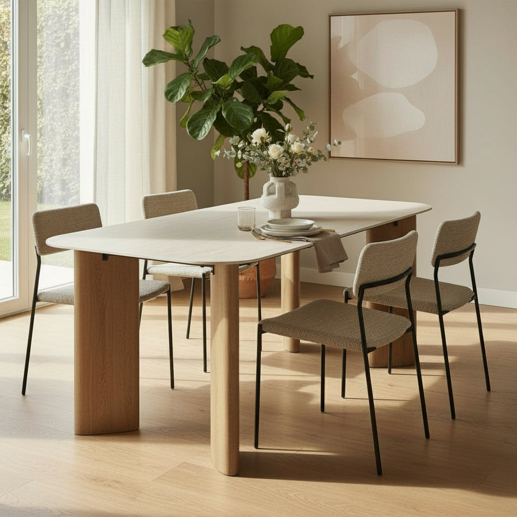 TIANA XL Table à manger rectangulaire en céramique beige pieds couleur chêne 180 cm