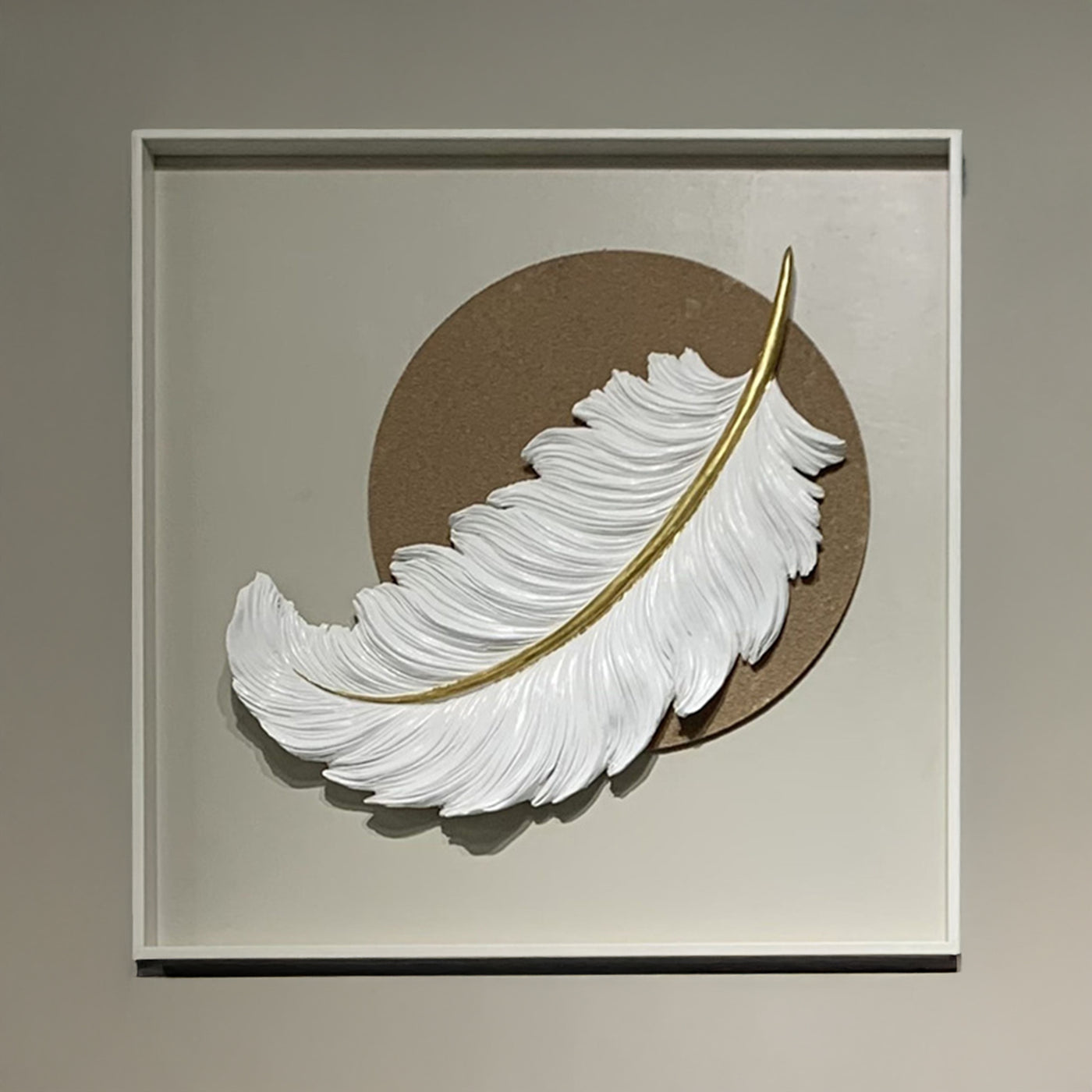 TIYA Tableau peinture à l'huile beige plume en relief cadre en aluminium - 50x50 cm