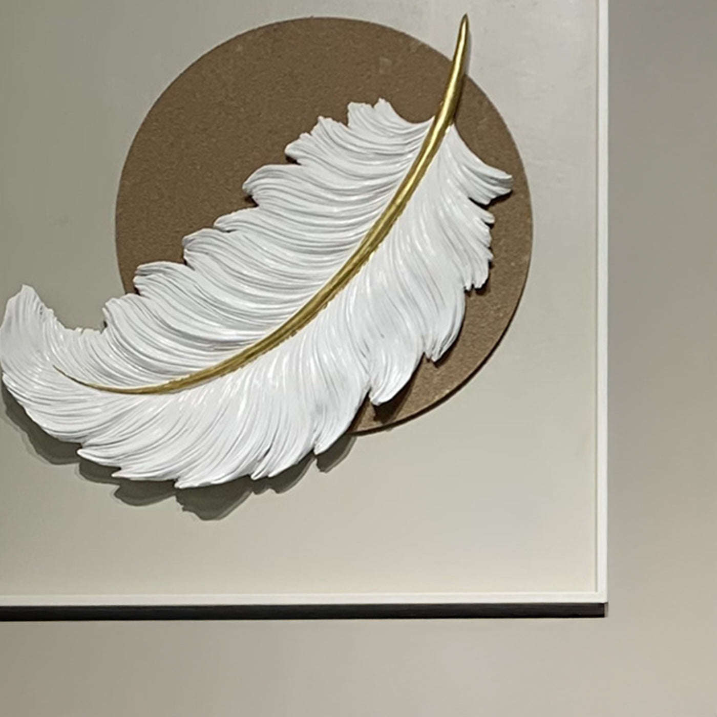 TIYA Tableau peinture à l'huile beige plume en relief cadre en aluminium - 50x50 cm