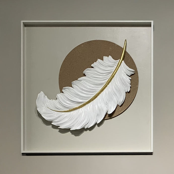 TIYA Tableau peinture à l'huile beige plume en relief cadre en aluminium - 50x50 cm