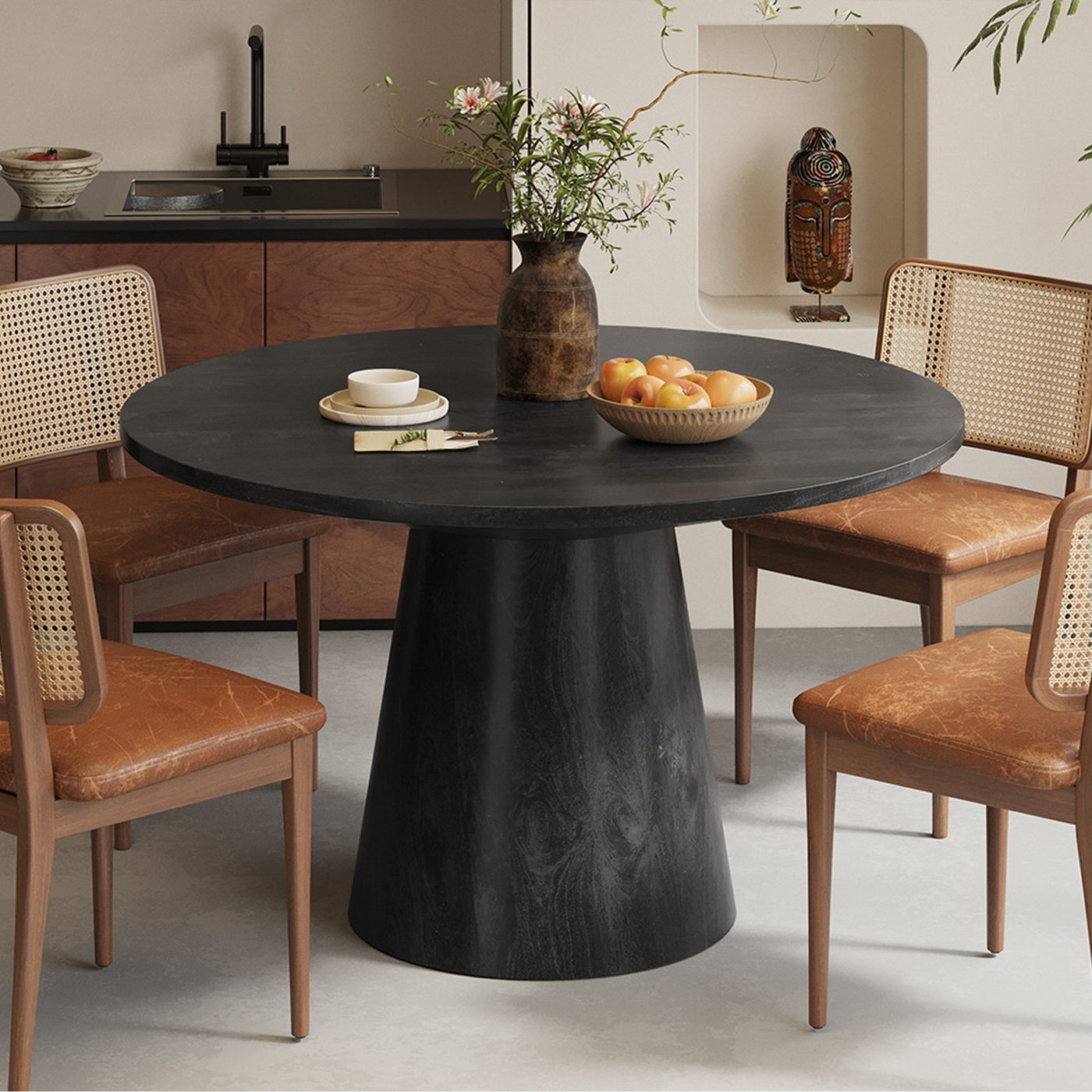 TOMMY - 130 Table à manger ronde en bois de manguier noir D130 cm