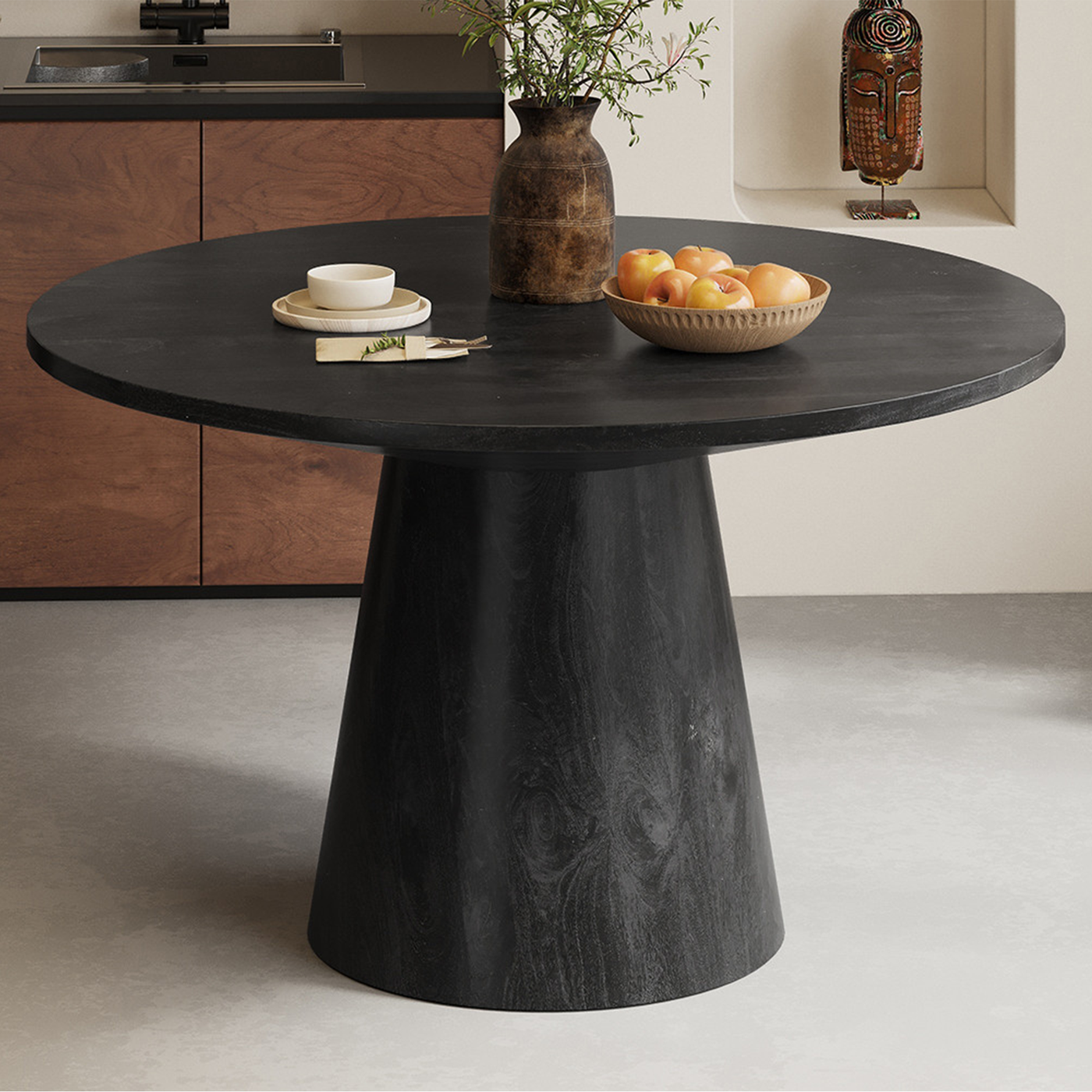 TOMMY - 130 Table à manger ronde en bois de manguier noir D130 cm