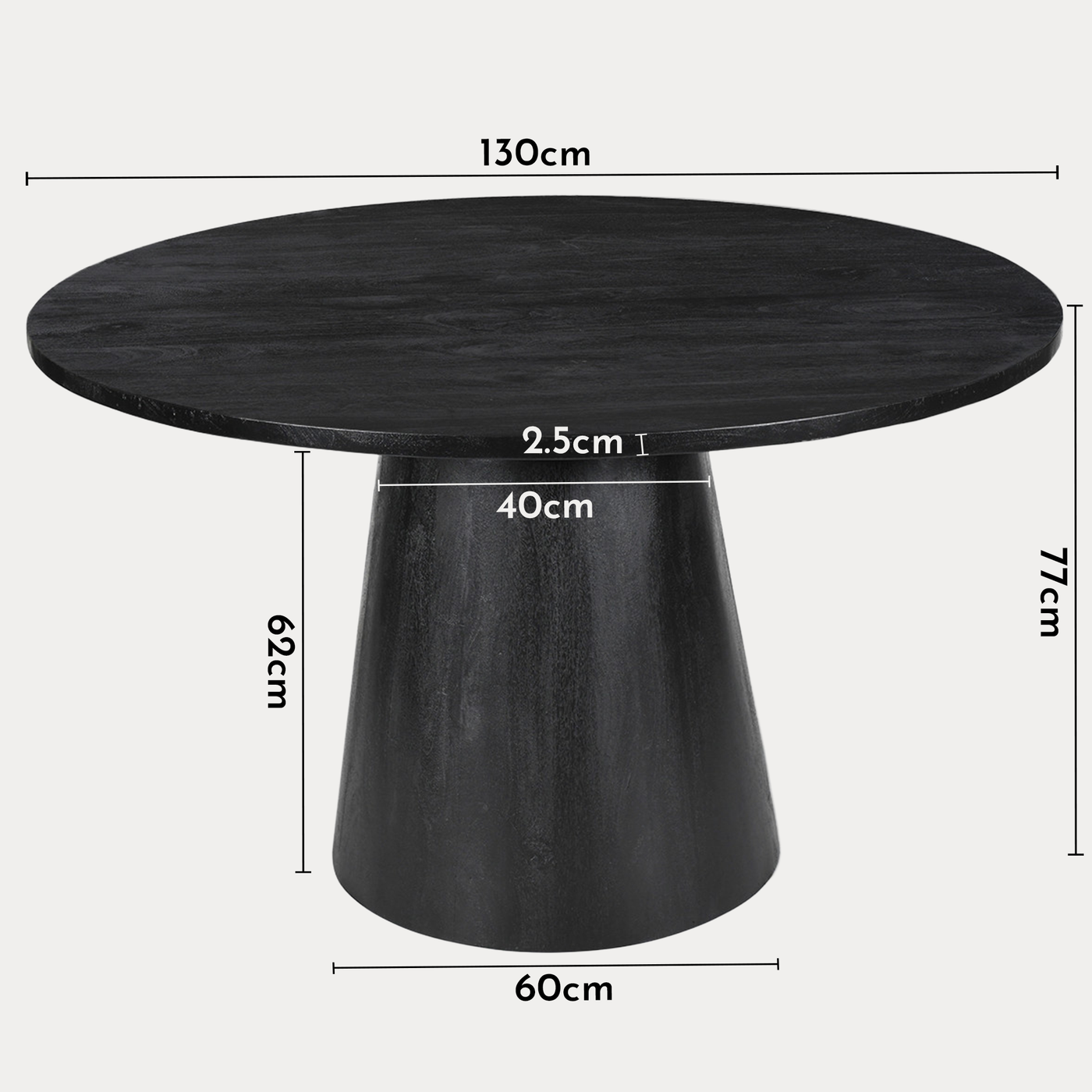 TOMMY - 130 Table à manger ronde en bois de manguier noir D130 cm