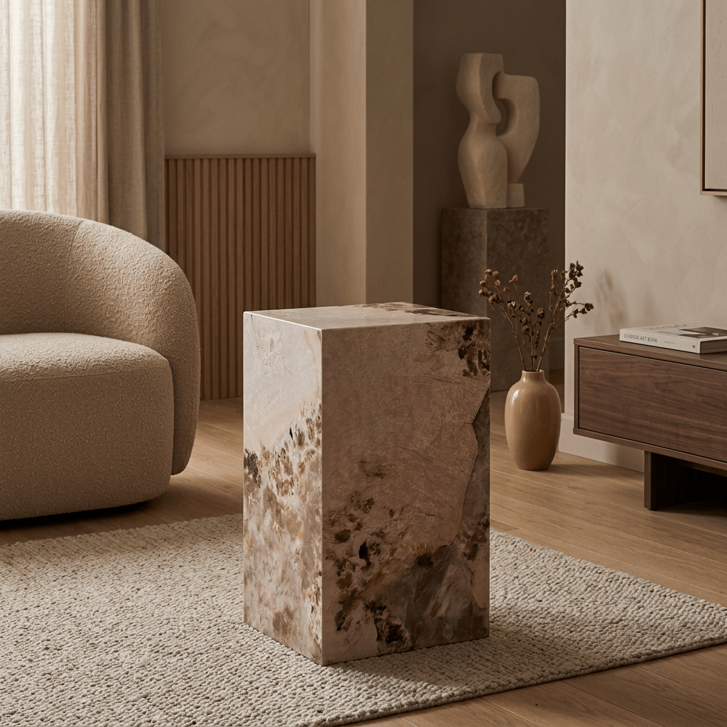 TRESA Table d'appoint marbre d'ingénierie beige et marron - Table basse - Mobilier Deco
