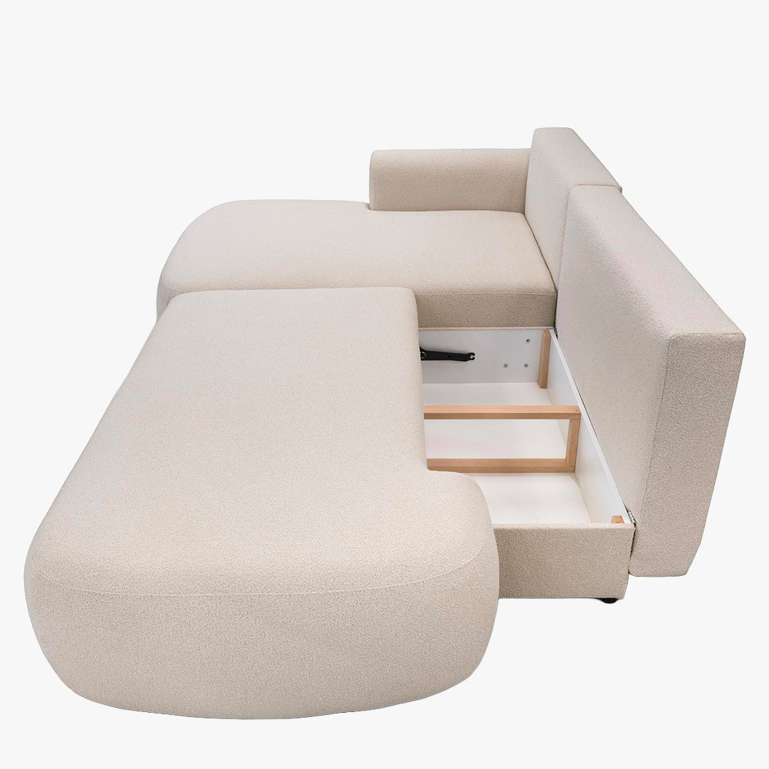 TYLAN Canapé d’angle convertible avec coffre effet peau de mouton écru - Angle gauche - Canapé d'angle convertible - Mobilier Deco
