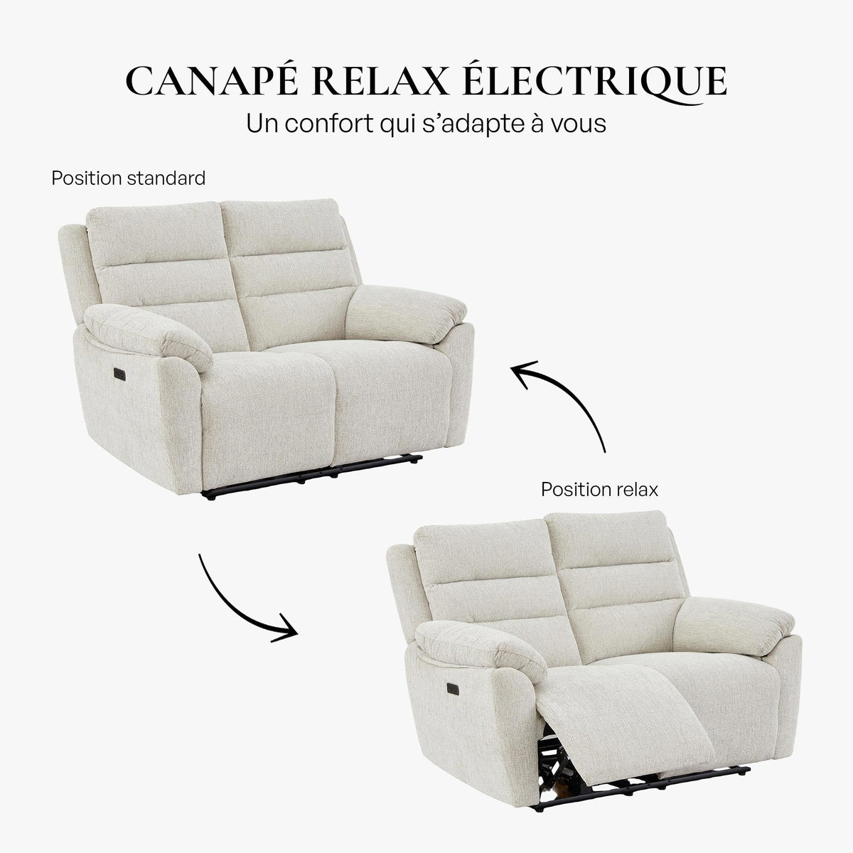 ULYA Canapé 2 places relax électrique en tissu beige - Canapé relax - Mobilier Deco