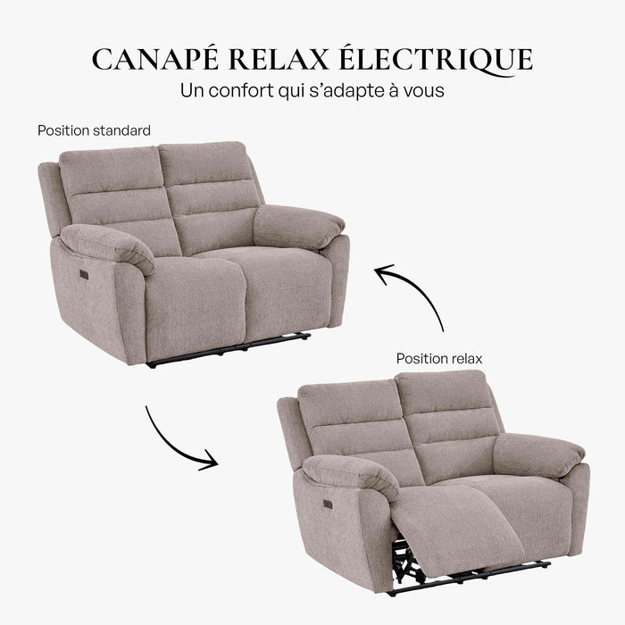 ULYA Canapé 2 places relax électrique en tissu taupe