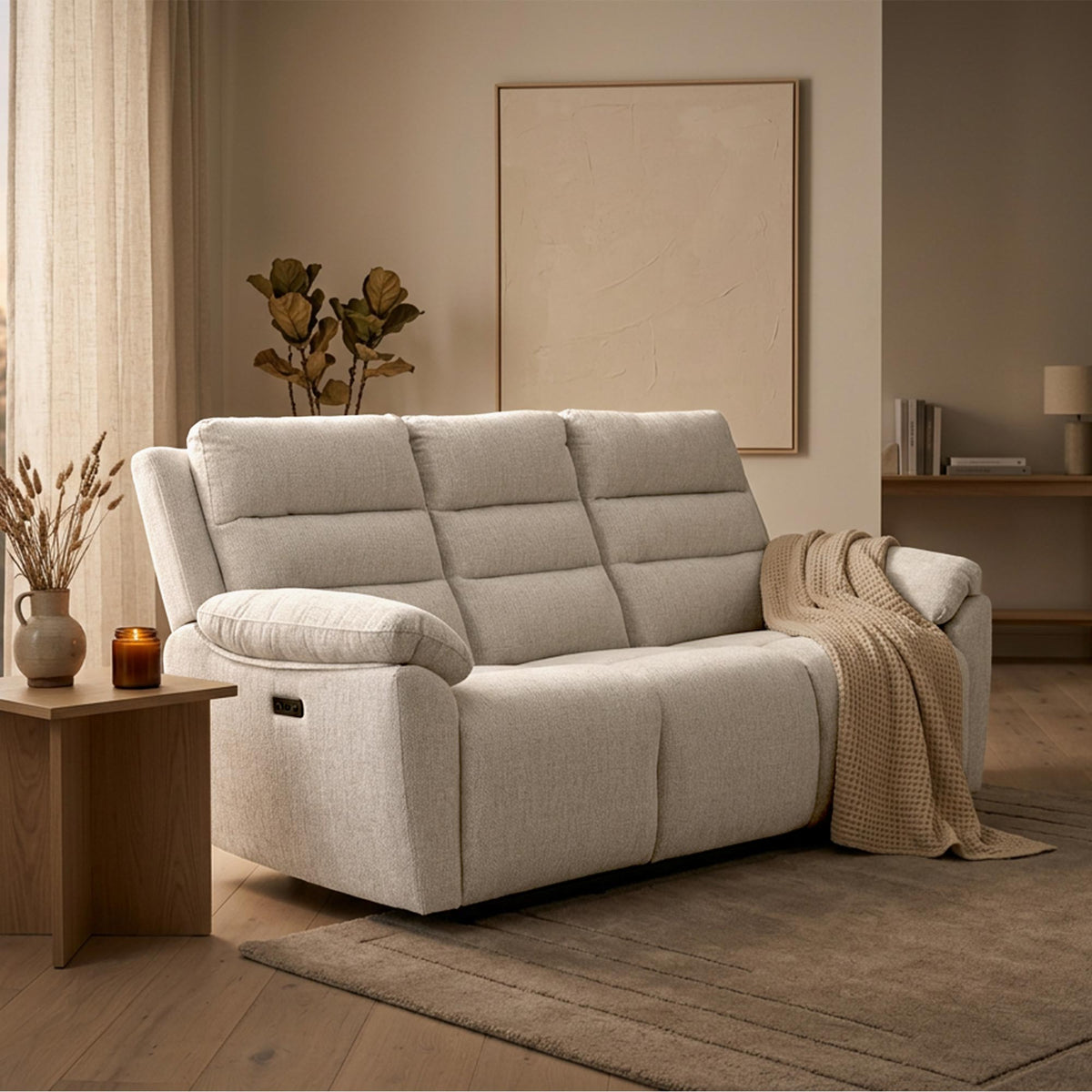 ULYA Canapé 3 places relax électrique en tissu beige - Canapé relax - Mobilier Deco