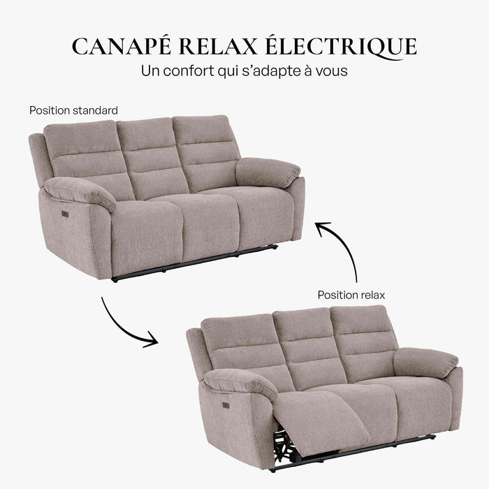 ULYA Canapé 3 places relax électrique en tissu taupe