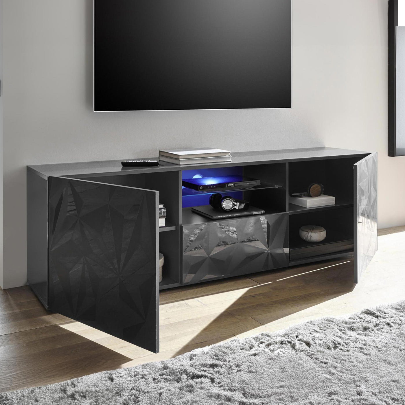 VERONA Meuble TV design 2 portes 2 niches et 1 tiroir noir