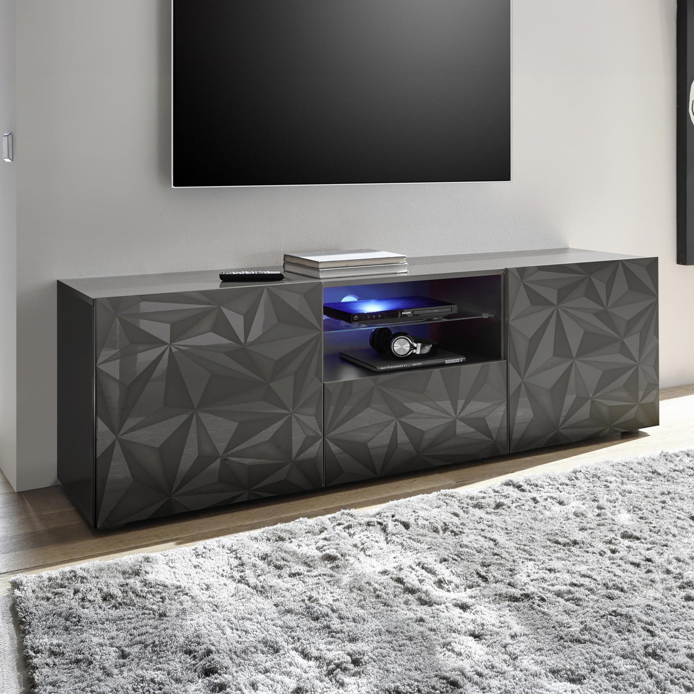VERONA Meuble TV design 2 portes 2 niches et 1 tiroir noir