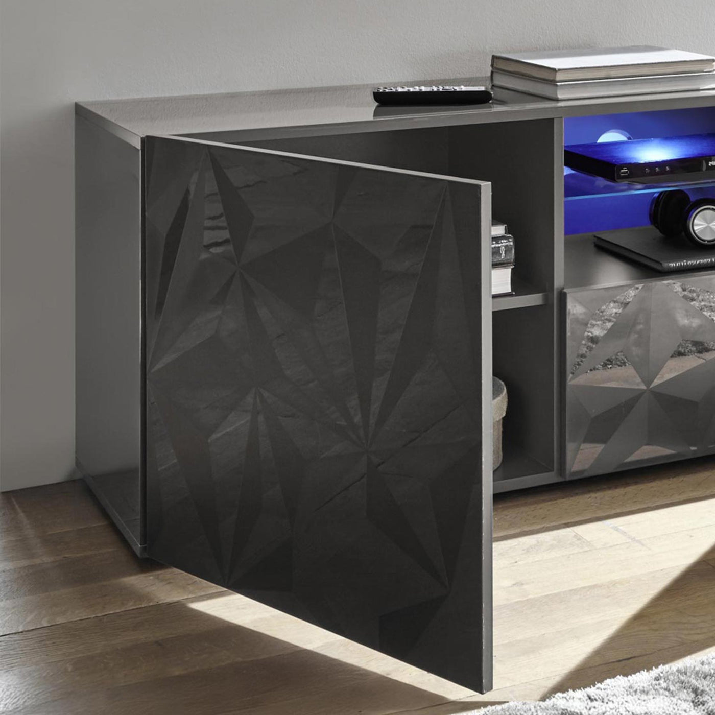 VERONA Meuble TV design 2 portes 2 niches et 1 tiroir noir