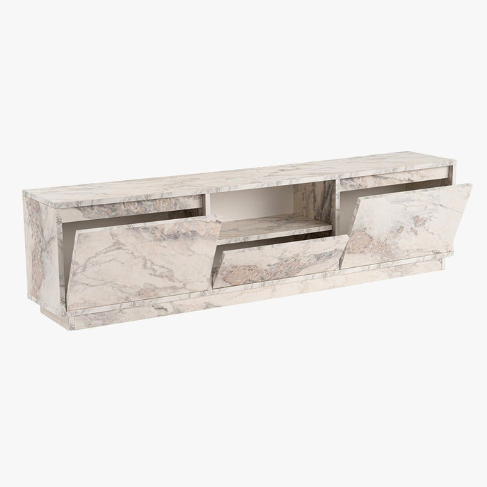 VIANA Meuble TV 3 portes 1 niche couleur marbre blanc et gris