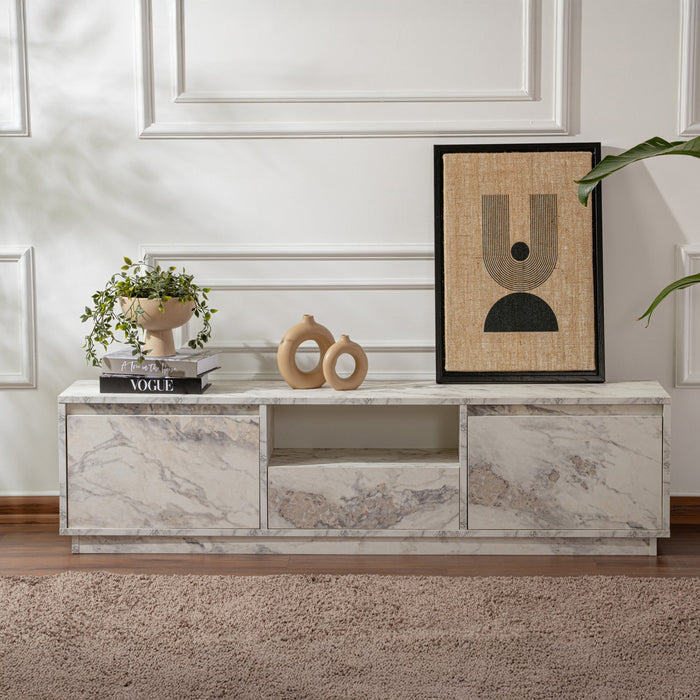 VIANA Meuble TV 3 portes 1 niche couleur marbre blanc et gris