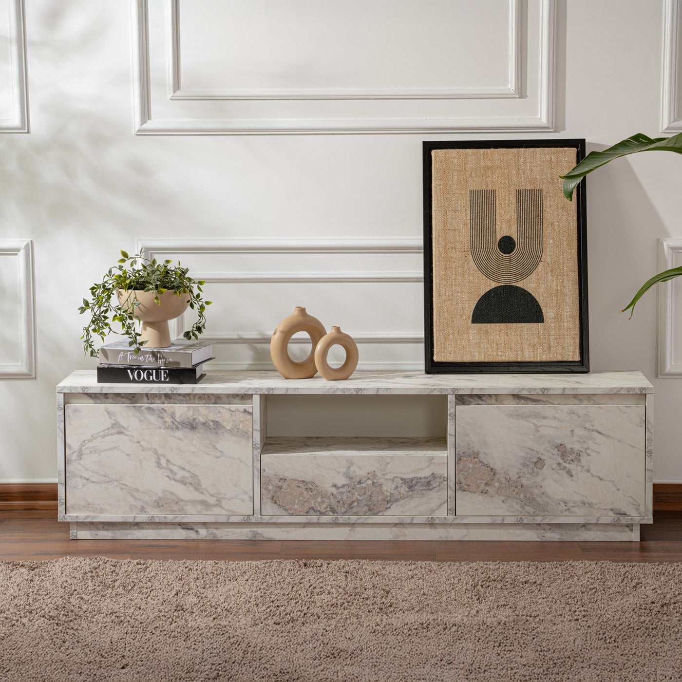 VIANA Meuble TV 3 portes 1 niche couleur marbre blanc et gris