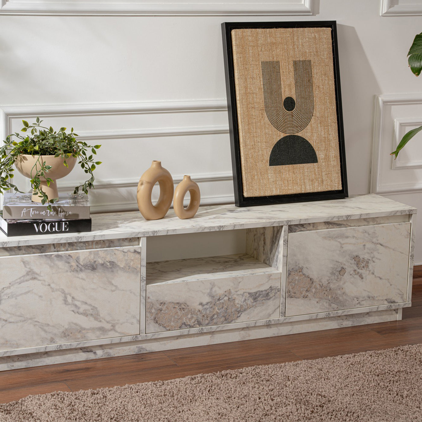 VIANA Meuble TV 3 portes 1 niche couleur marbre blanc et gris