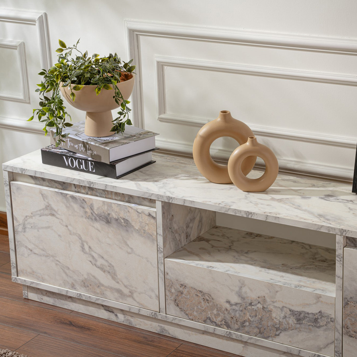 VIANA Meuble TV 3 portes 1 niche couleur marbre blanc et gris