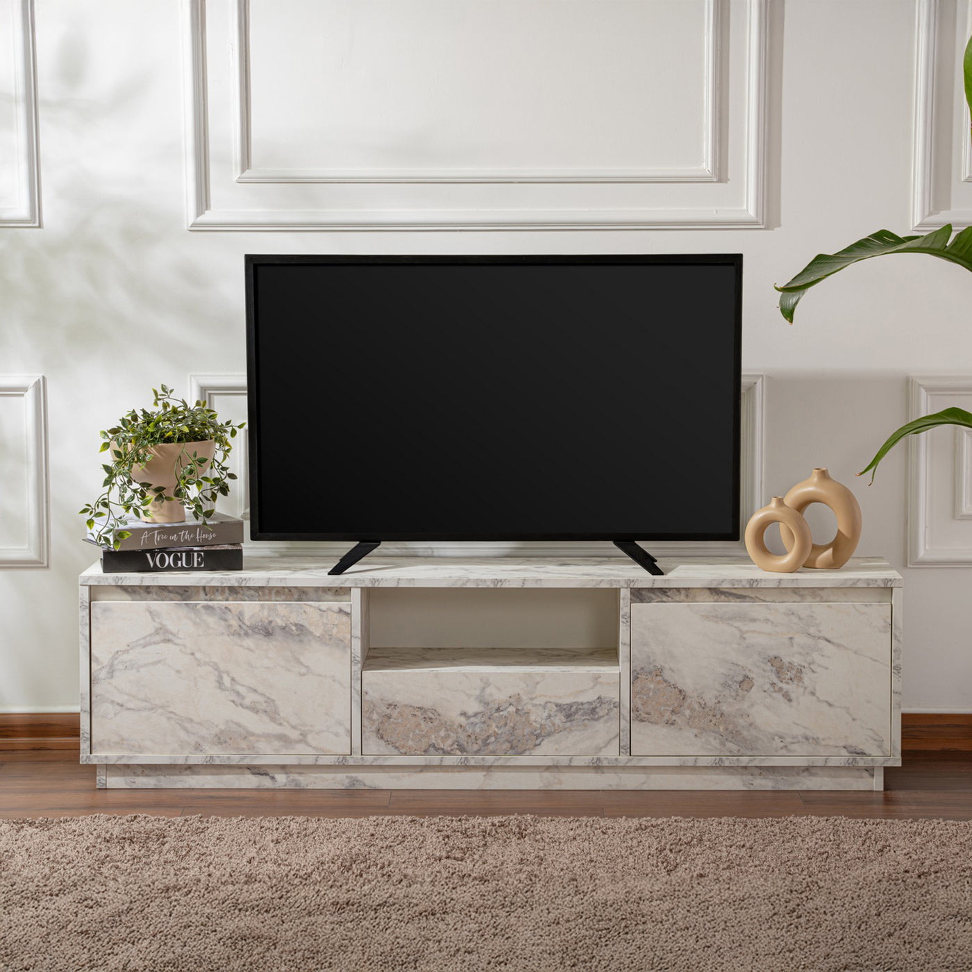 VIANA Meuble TV 3 portes 1 niche couleur marbre blanc et gris