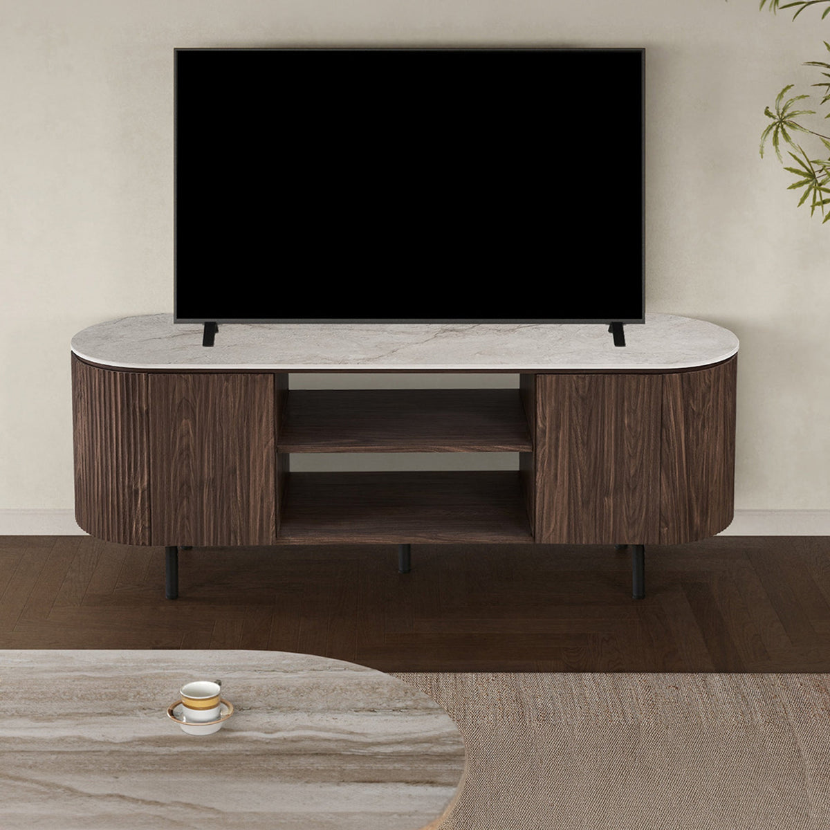 VIGO Meuble TV 2 portes et 2 niches en pierre frittée beige et couleur bois foncé - Mobilier Deco