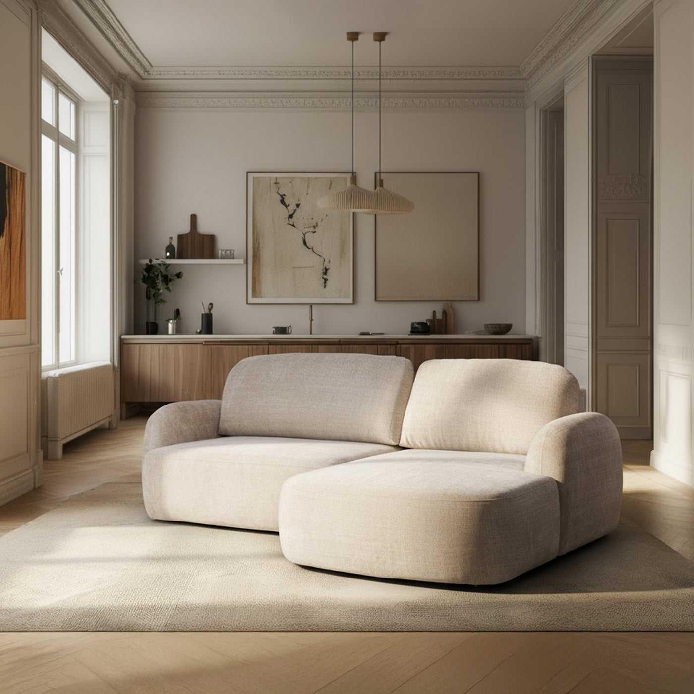 VIONA Canapé d'angle convertible avec coffre en tissu beige - Angle droit