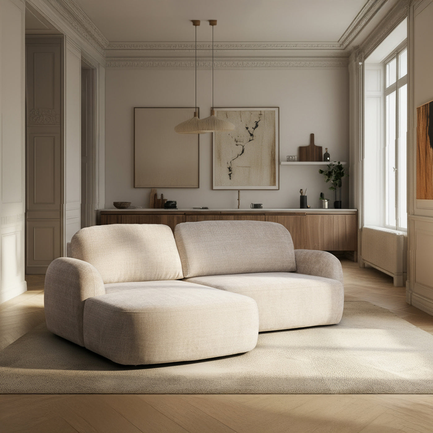 VIONA Canapé d'angle convertible avec coffre en tissu beige - Angle gauche