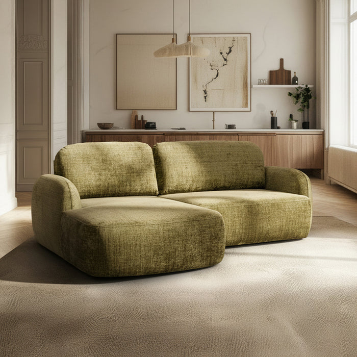 VIONA Canapé d'angle convertible avec coffre en tissu vert - Angle gauche