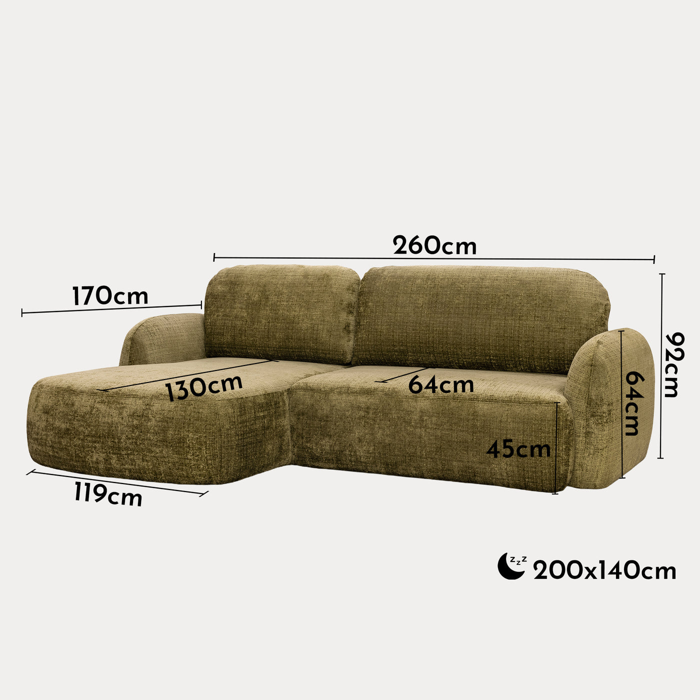 VIONA Canapé d'angle convertible avec coffre en tissu vert - Angle gauche
