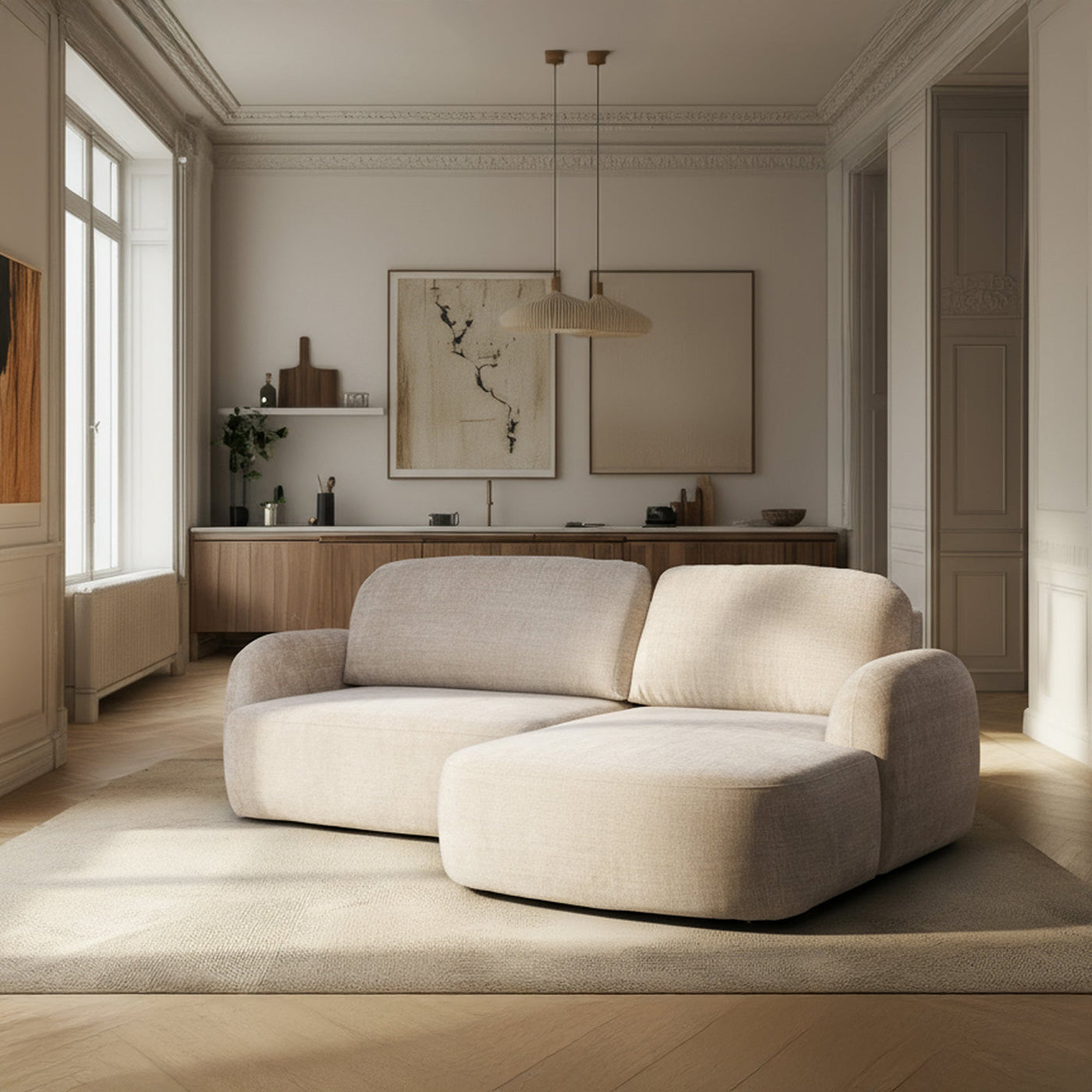 VIONA Canapé d'angle convertible avec coffre en tissu beige - Angle droit - Canapé d'angle convertible - Mobilier Deco